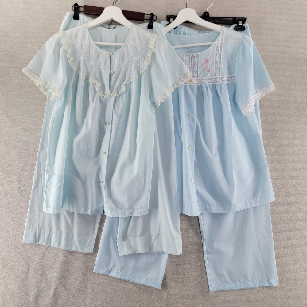 Shadowline Womens Pajamas Vtg Embroidered 2 Piece Sets Top Pants Size 36 Medium
